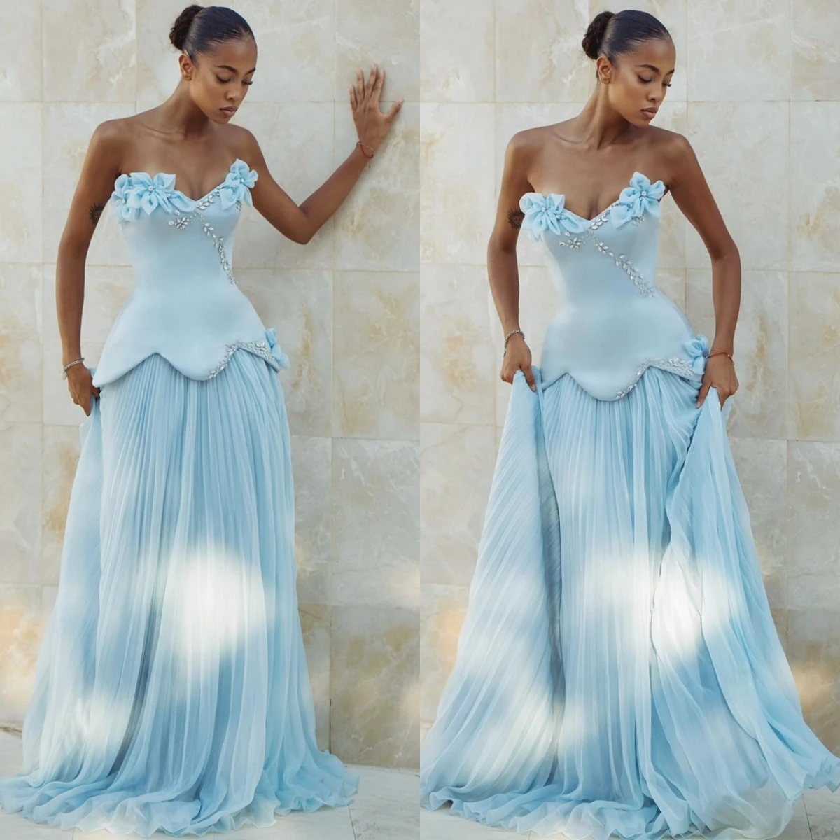 

Customized Elegant Blue Chiffon Evening Dress Formal Strapless Sleeveless Homecoming Dress Classic Crystal Flowers Party Dresses