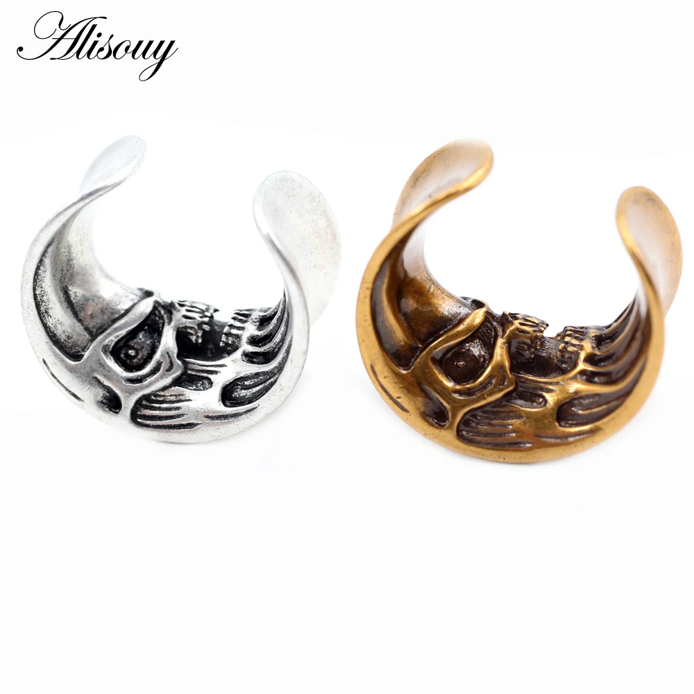 Alisouy 1PC 8-25mm Copper Skull Skeleton Moon Saddle Ear Tunnels Plugs Expander Stretcher Gauges Earrings Piercing Body Jewelry