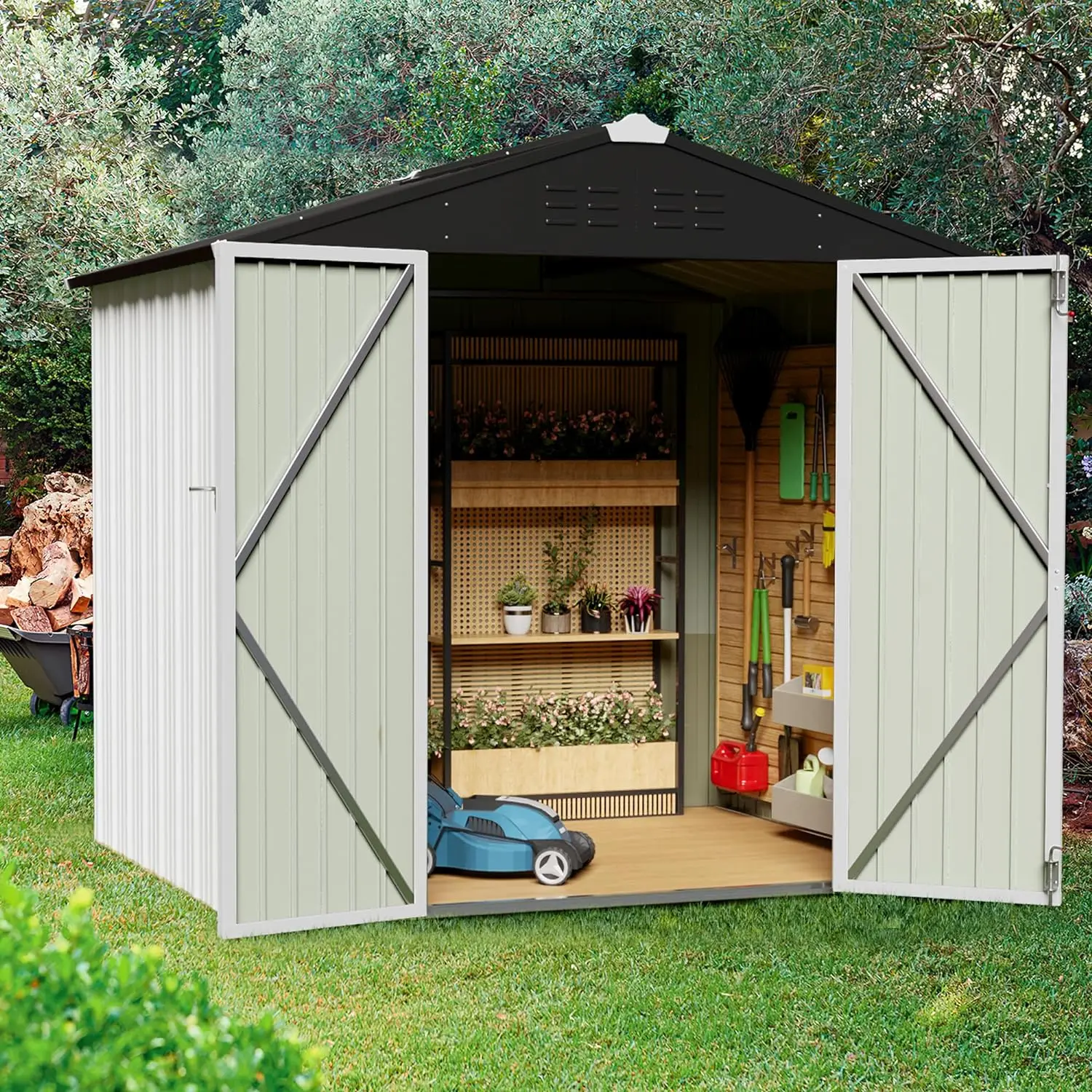 Imagem -06 - Metal Shed com Porta Bloqueável Ferramenta de Jardim Impermeável Casa de Armazenamento ao ar Livre para Quintal Branco 6x8 ft