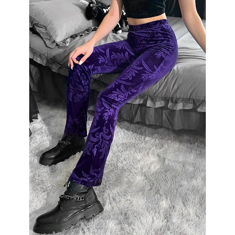 Dark Gothic Slim Fleece Legging Women 2023 Sexy Black Suede Embossing Long Skinny Legging Goth Indie Big Flower Printed Bottoms