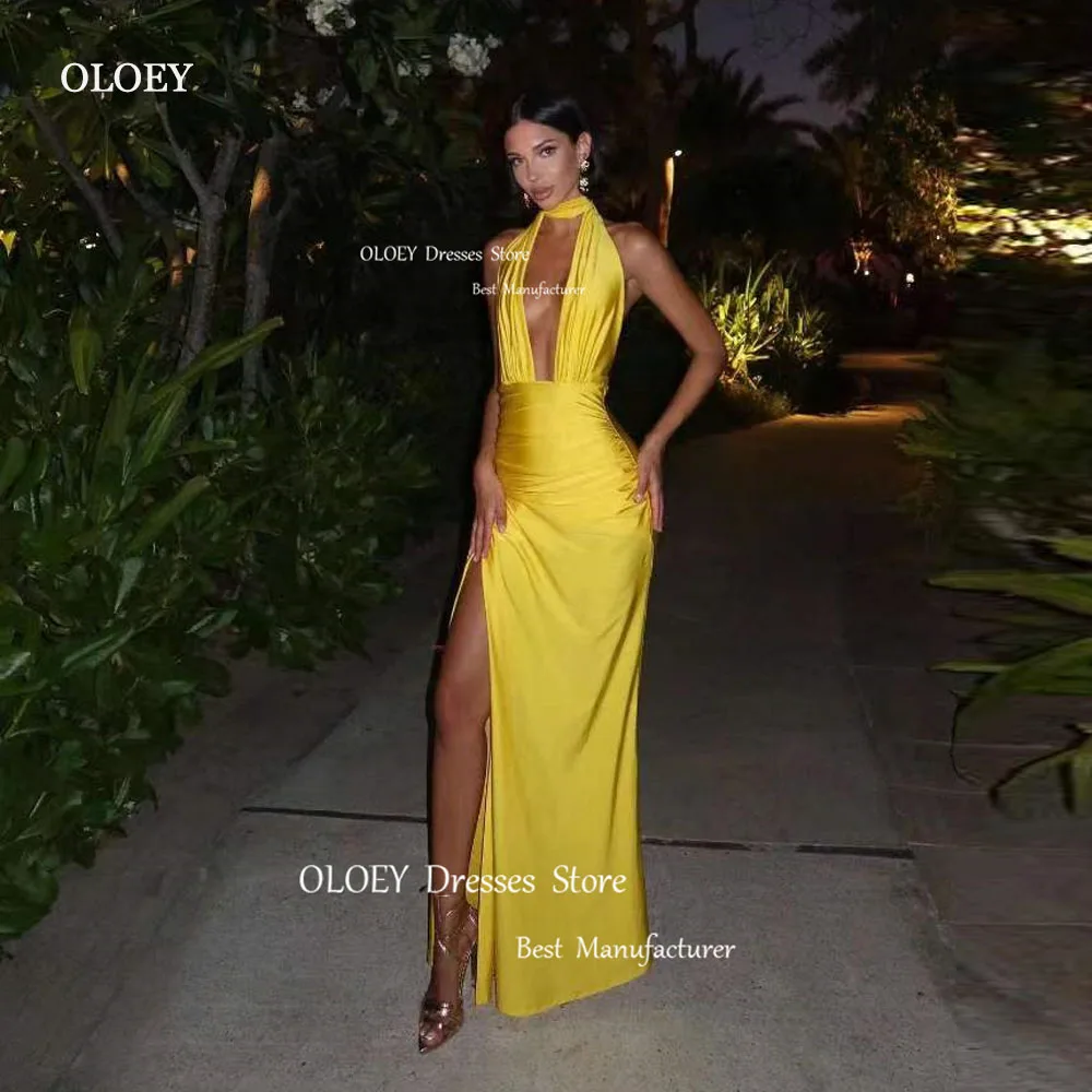 Oloey sexy tiefen V-Ausschnitt Gold Abendkleider Party kleider Seide Satin Frauen geteilt rücken freie Ballkleider Vestidos de Fiesta