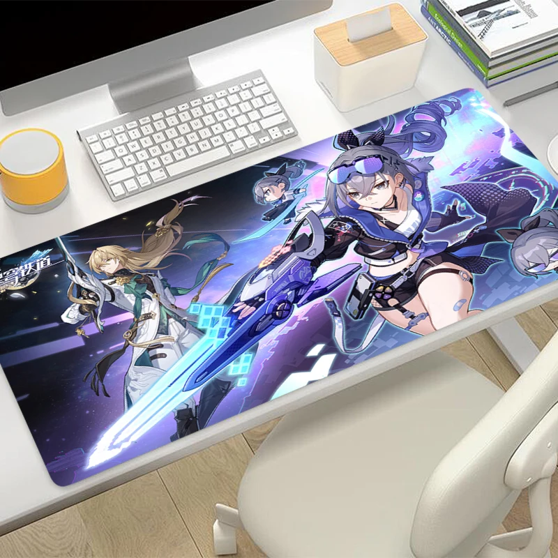 Kawaii Silver Cyber Anime Girl Extra Large Thick Mouse Pad Non-slip Rubber Base Stitched Edge Desk Mat Cute Gift For PC Laptop
