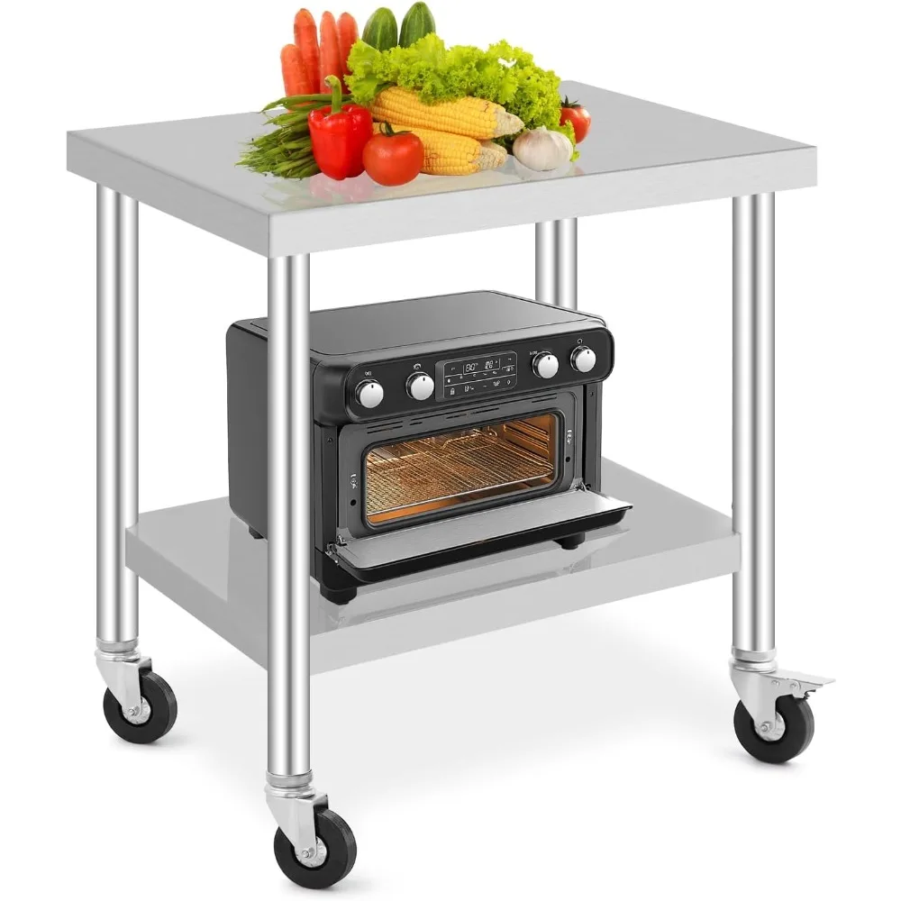 طاولة من الفولاذ المقاوم للصدأ مع عجلات، طاولة إعداد الطعام للمطبخ، طاولة معدنية تجارية شديدة التحمل مع قاعدة سفلية قابلة للتعديل
