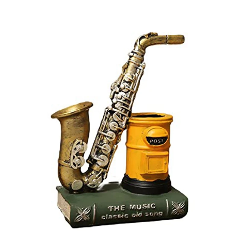 Saxophone Resin Waterproof Pencil Holder For Desk Makeup Brush Holder Office Supplies Resin Ornaments, Yellow Easy To Use