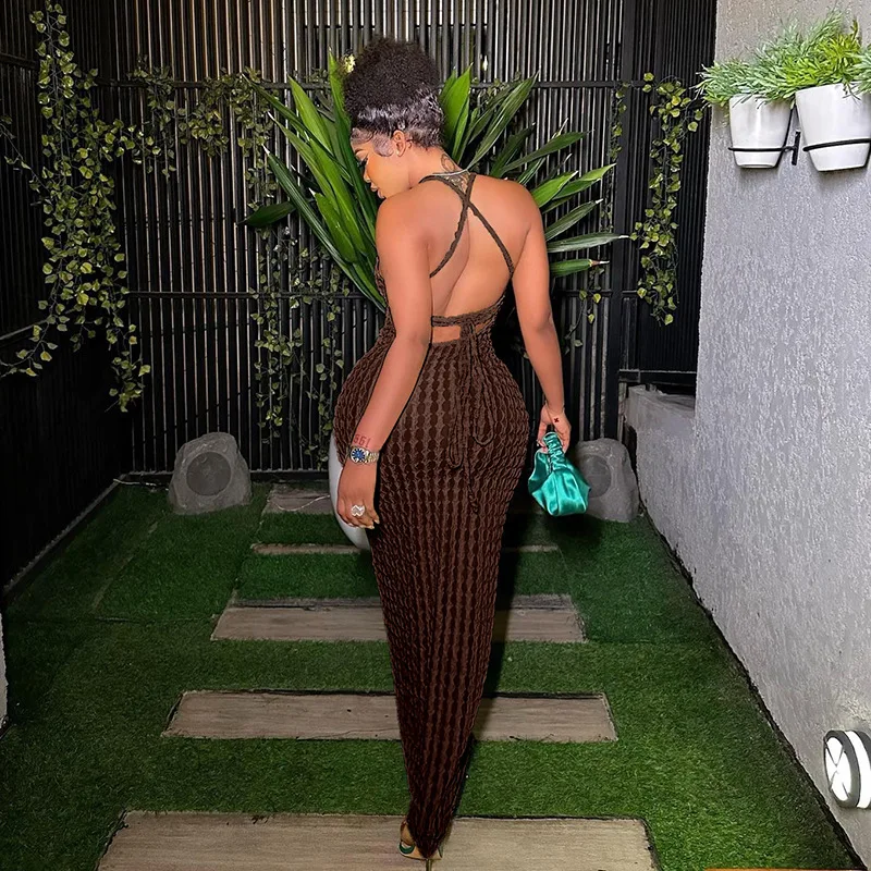 Sedutor vestido sem costas alça espaguete vestido de verão monocromático pipoca textura vestido elegante praia festa vestido de verão