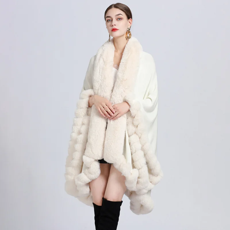 Warm Rex Rabbit Fur Collar Ponchos Women\'s Cashmere Loose Cosplay Overcoat Cape Shawl Woolen Large Size Cloak