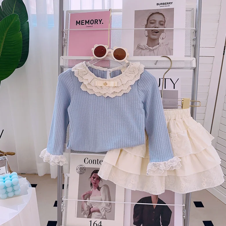 

New Baby Girls Fall Fashion Sets Blue Ruffles Colar Blouse + White Skirts Princess Elegant Suits 2-7T