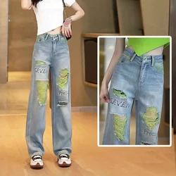 Broken Hole Hanging Feeling Floor Pants for Summer New High Waisted Straight Leg Small and Loose Design Wide Leg Jeans for Women