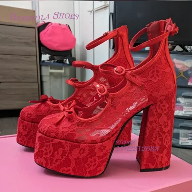 Bright Red Mesh Lace Flower Sexy Sandals Women Platform Buckle Stripes Hollow Chunky Heels Round Ballet Bow Elegant Party Shoes