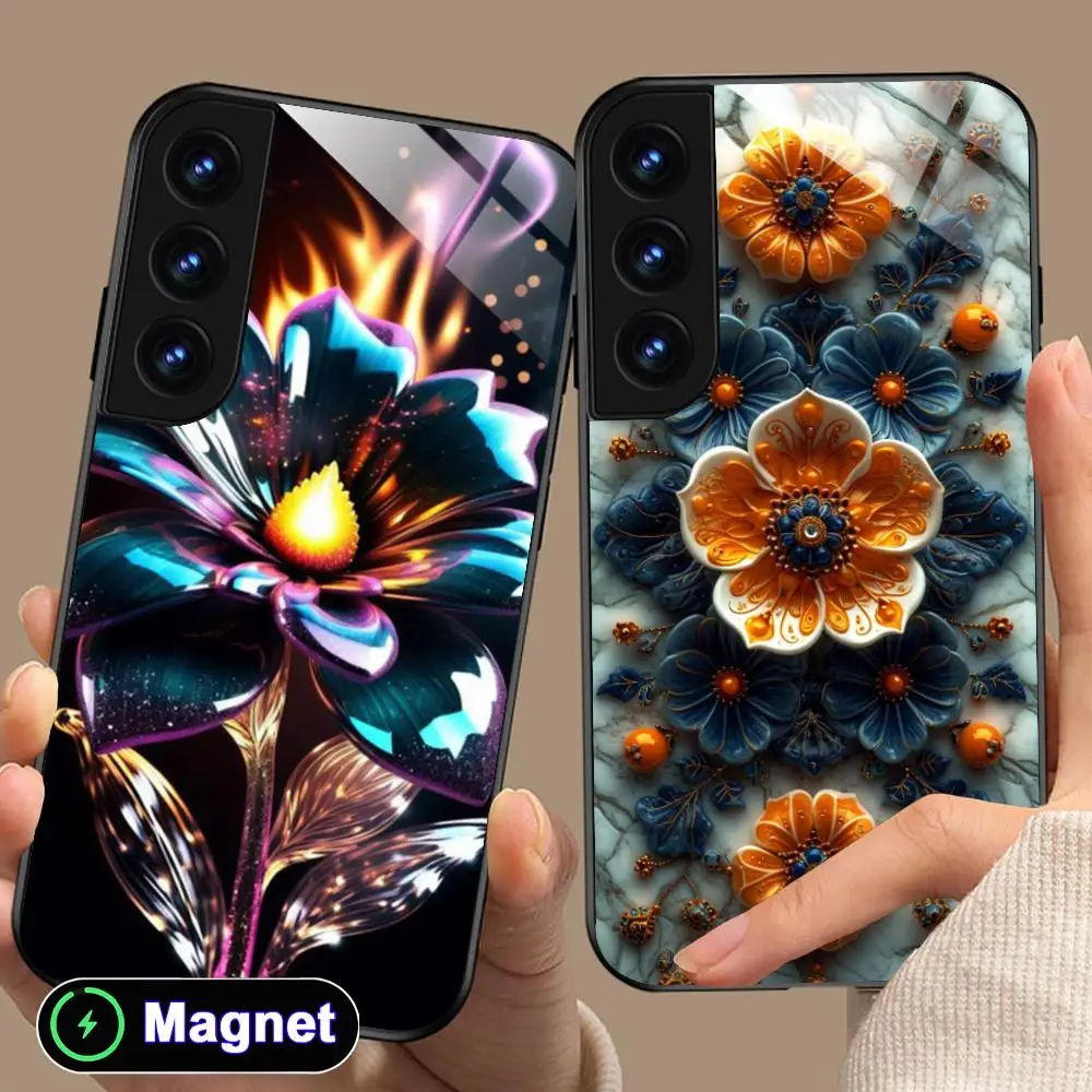Luxury Flower Phone Case for Samsung Galaxy S26 S25 S24 S23 S22 S21 S20 Note20 Plus FE Ultra Glass Magnet Cover