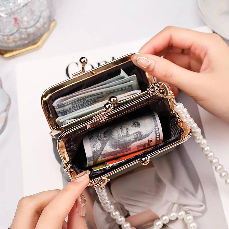 Elegant Women Coin Purses PU Leather Girls Wallet with Pearl Shoulder Strap Large Capacity Card Holder Student Money Bag