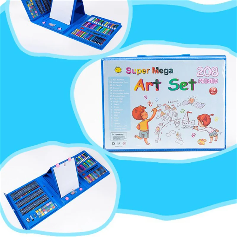 Ensemble d'art liatif à trois volets double face pour enfants, fournitures de peinture, bloc-notes, marqueurs, garçons, 208 pièces