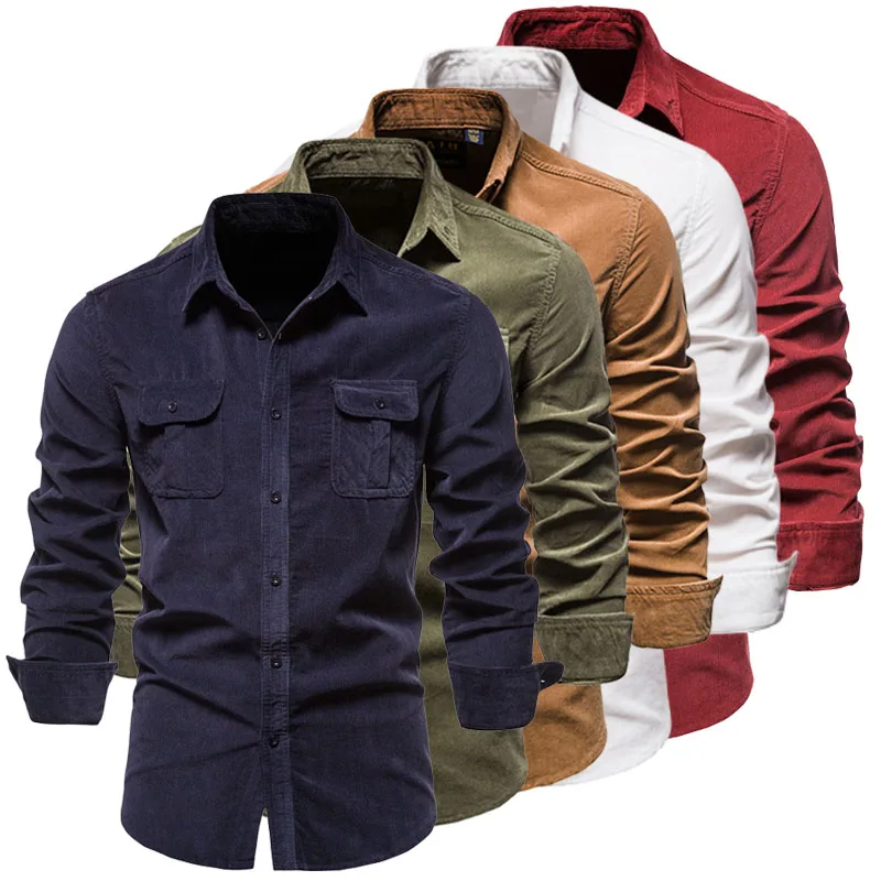 New Shirts Men Long Sleeve Casual Cotton Shirt High Quality Solid Color Corduroy Overshirt Brand Clothing Male Blouses Plus Size