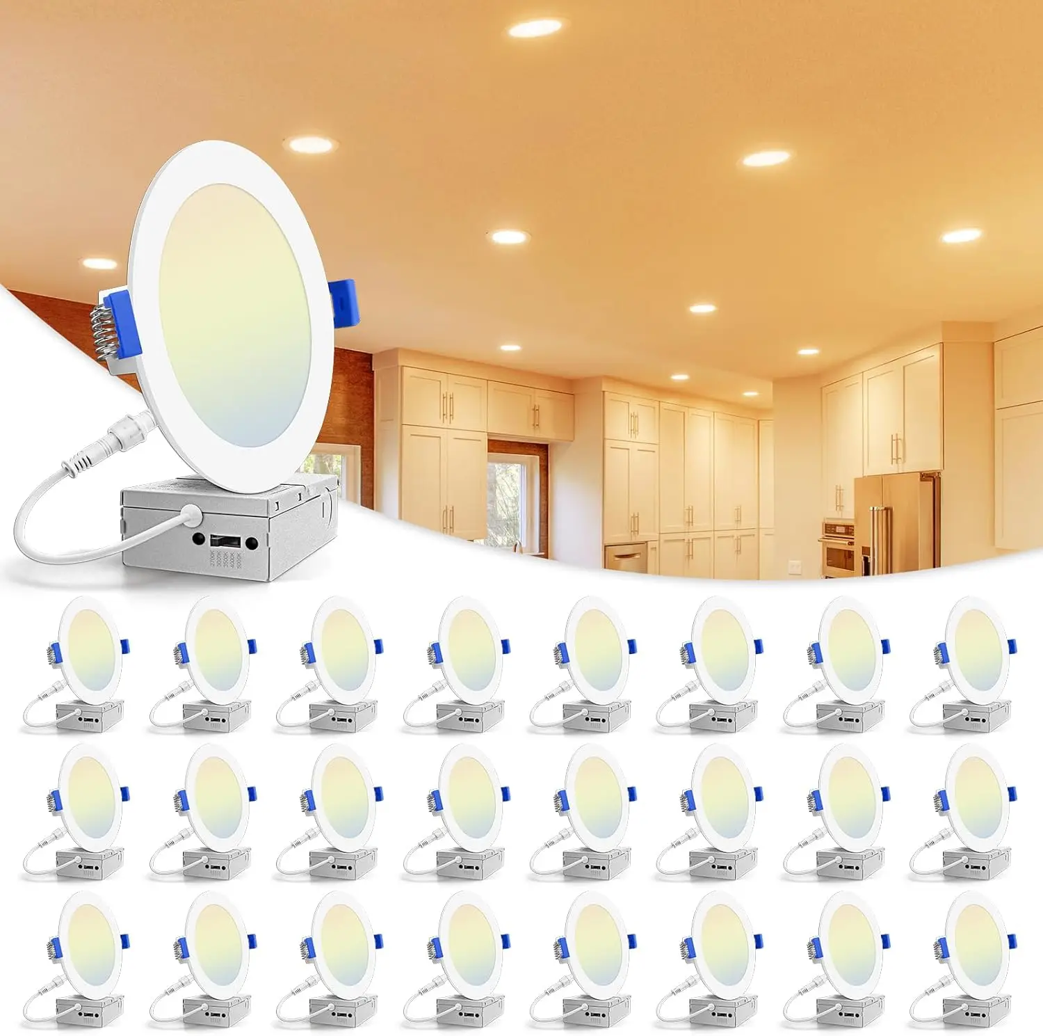 

6-дюймовые встраиваемые светильники, 24 шт., 5CCT LED, безкорпусные вафельные даунлайты, диммируемые, 13 Вт (эквивалент 120 Вт), потолочные светильники с сертификатом ETL