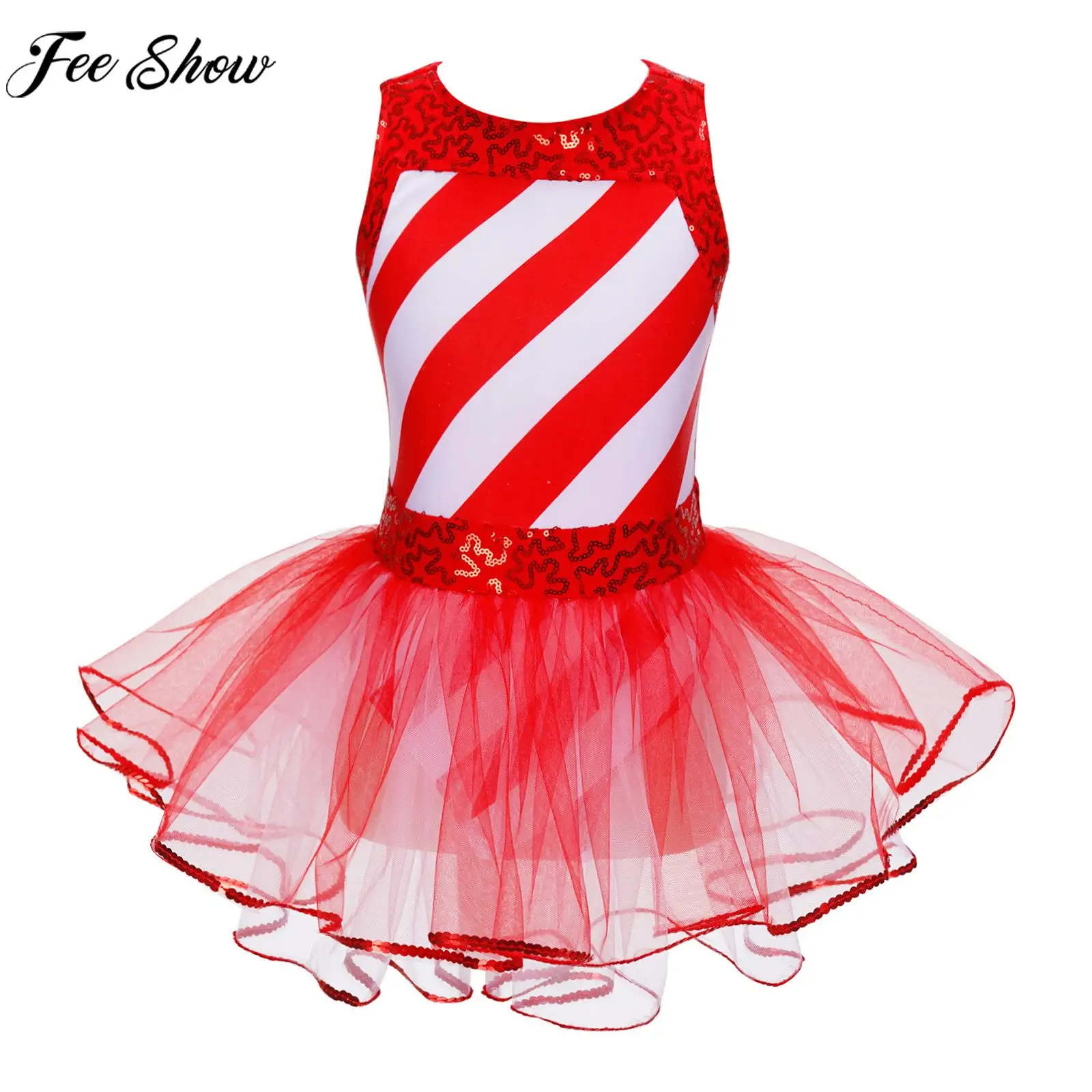 

Girls Christmas Dance Dress Xmas New Year Party Ballet Skating Leotard Dress Sleeveless Shiny Striped Tiered Mesh Tutu Dancewear