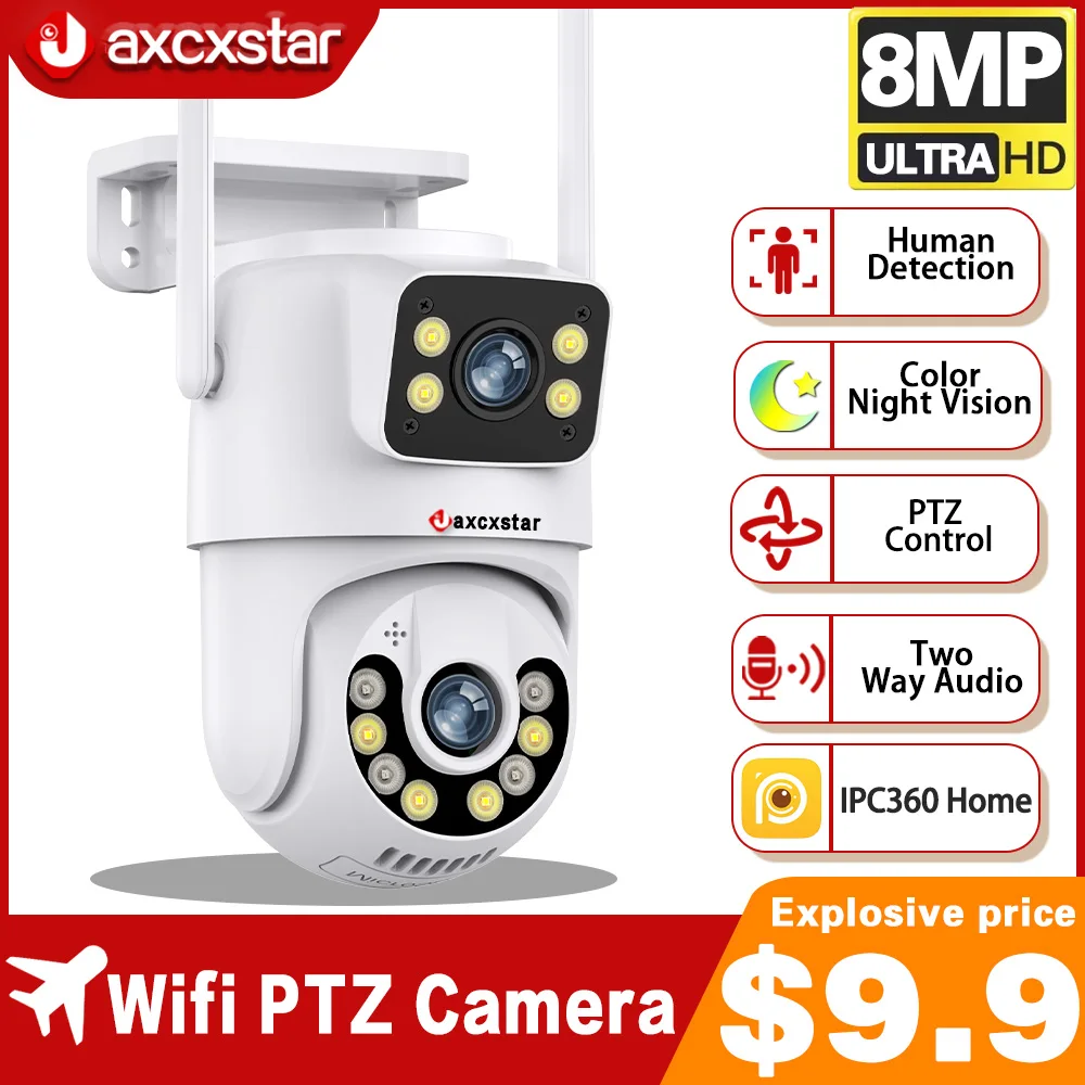 

8MP 4K WIFI IP Camera Dual Lens PTZ Surveillance Camera Outdoor Waterproof Security Portection IR Color Night Vision Smart Home