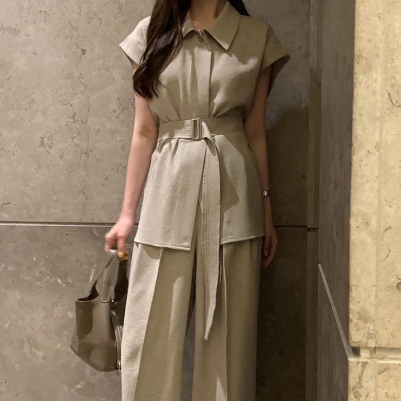 Clothland Women Chic Blouse Pants Suit Short Sleeve Belt Shirt Long Trousers Solid Office Wear Two Piece Set Mujer TA182