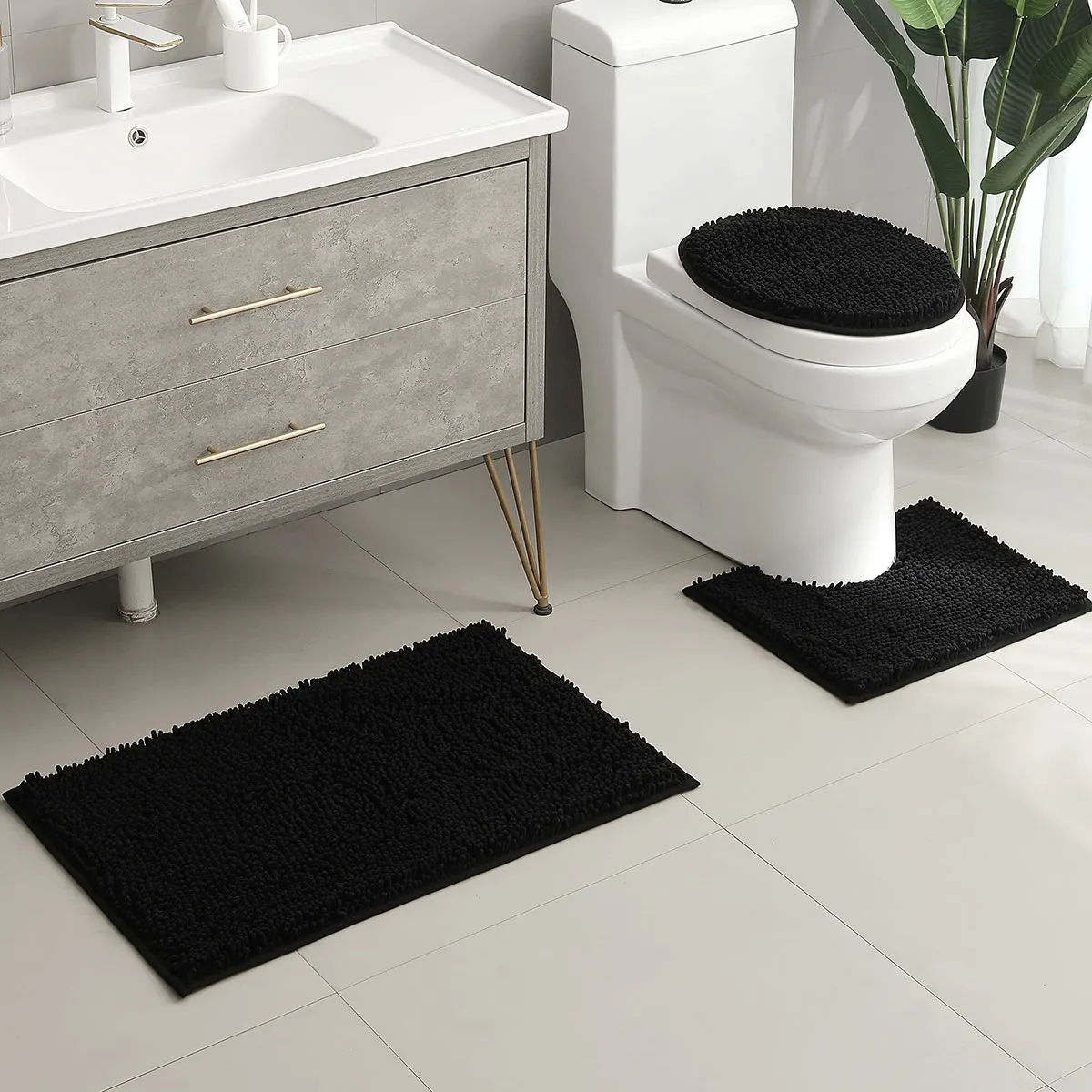 3-piece bathroom chenille floor mat, absorbent anti slip bathroom carpet, bathroom U-shaped foot mat, toilet lid, TPR anti slip