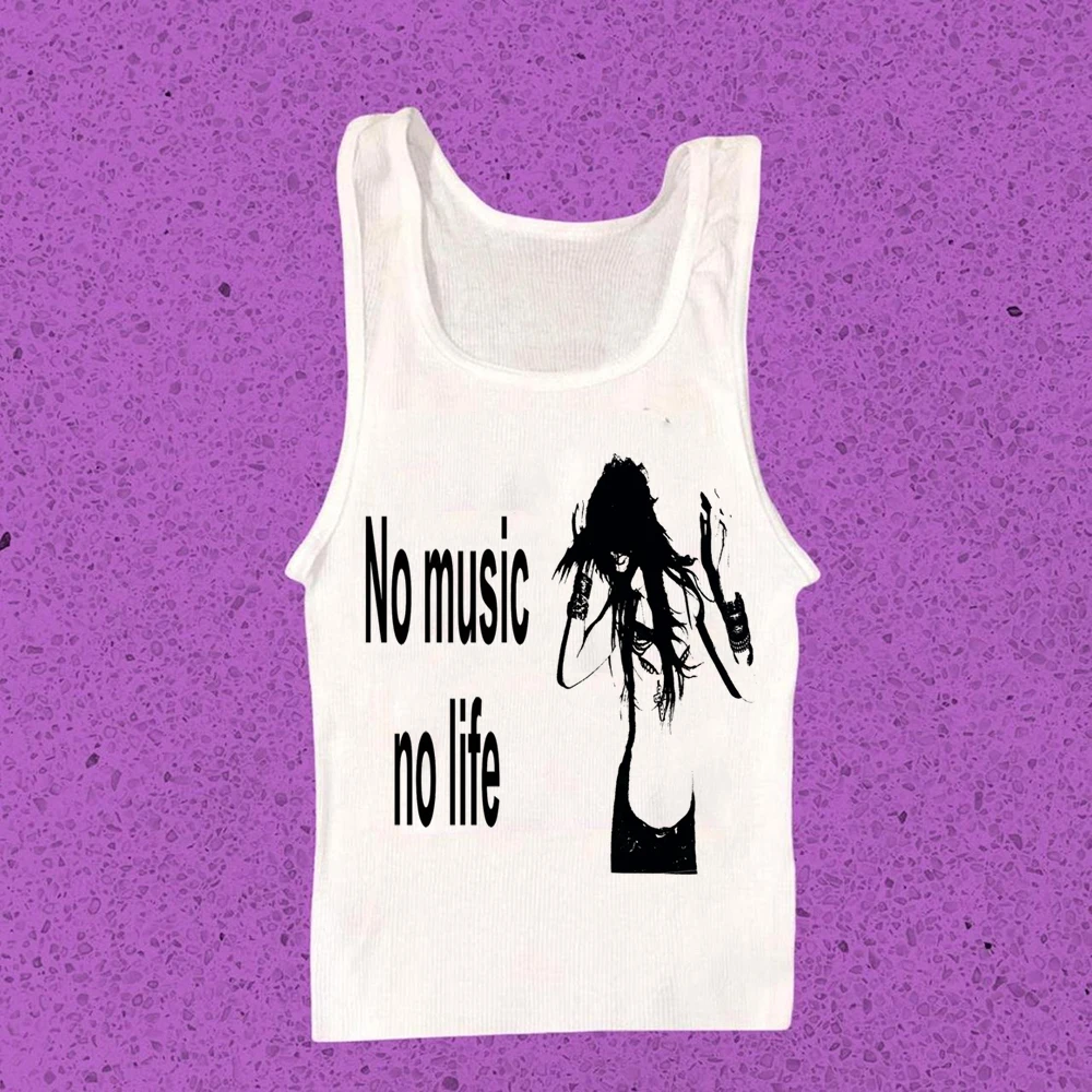 Punk Rock Zitat Grafik Langarm-T-Shirt No Music No Life Dark Grunge Music Lover Y2K Alt Damen Slim Fit Top – Detail 5