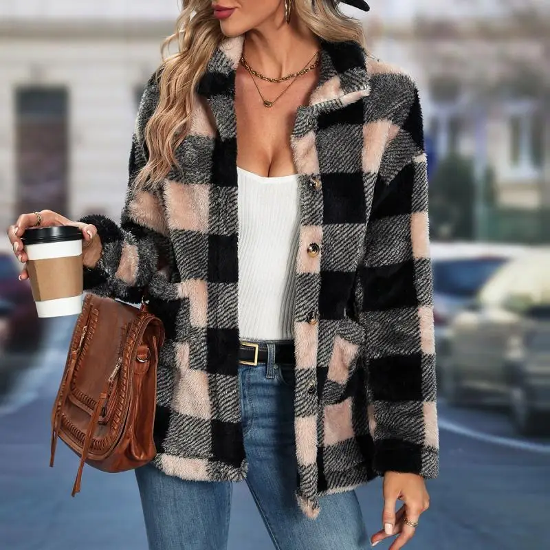 

Vintage Jacket for Women Coat Winter Outerwear Button Chequer Streetwear Fashion Pocketed Outfit Korean Autumn Female Clothes