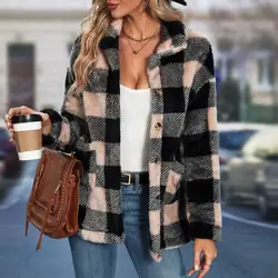 Vintage Jacket for Women Coat Winter Outerwear Button Chequer Streetwear Fashion Pocketed Outfit Korean Autumn Female Clothes