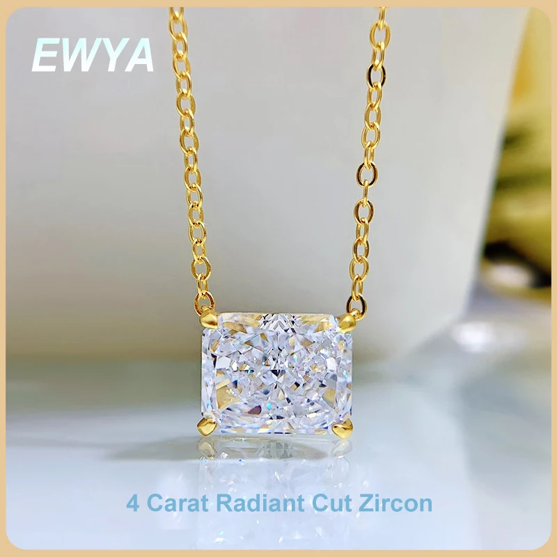 

EWYA 4 Carat Radiant Baguette White Diamond Clavicle Necklace Simple Women's Lotus 925 Silver Necklaces for Women Fine Jewelry