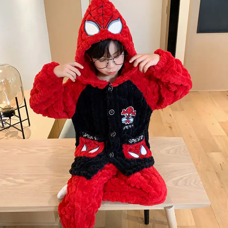 Marvel Spiderman Bonito Outono e Inverno Moda e Legal Anime Engrossado Quente Casa Roupas Pijamas Conjunto para Meninos e Meninas