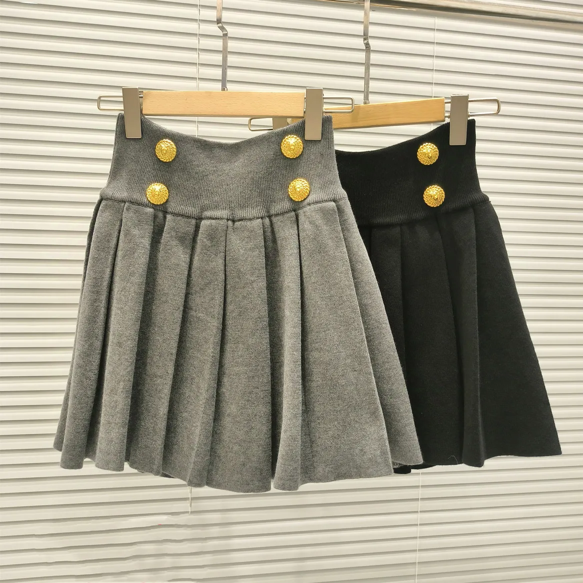 

Ele High Waist Pleated Skirt Double Row Gold Bule Design Faionable Parisian Sle Age-Defng Women's Skirt