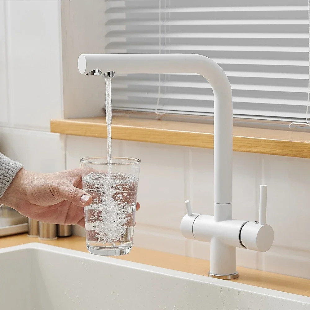 All copper kitchen faucet double spout three-in-one sink sink splash-proof hot and cold faucet pure water faucet