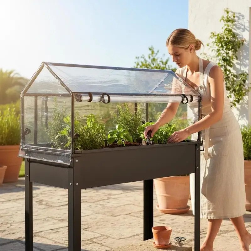 

Raised Garden Bed with Greenhouse Cover, Elevated Planter Box with Drainage Holes, 100 X 48 X 124 Cm, Black