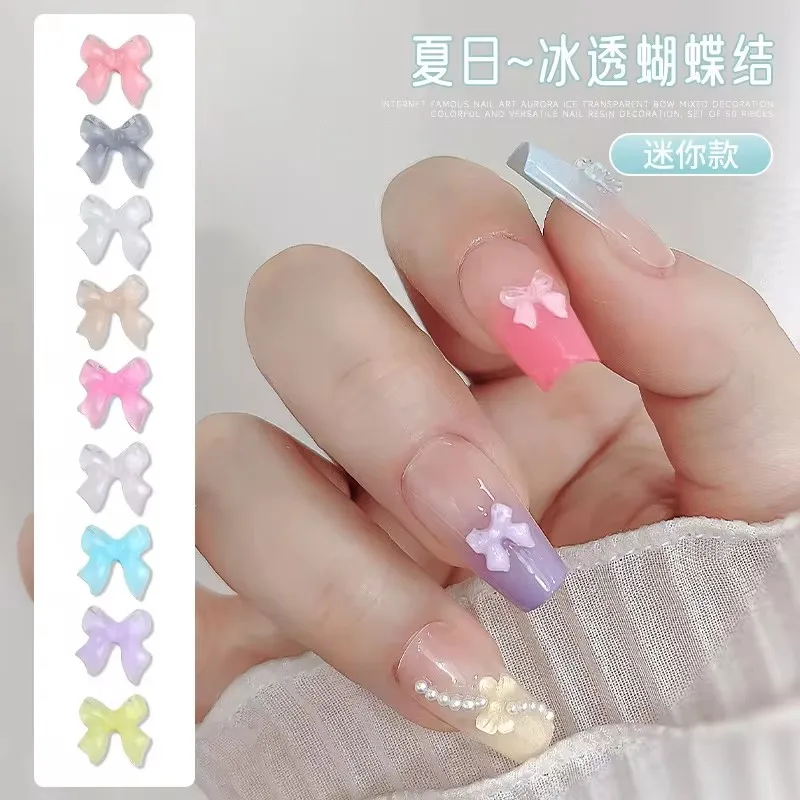 

Ice Transparent Resin Bow Nail Charms 100PCS 3D Bulk Mixed 2Sizes Colorful Jelly Clear Bow Nail Decorations Nail Art Accessories