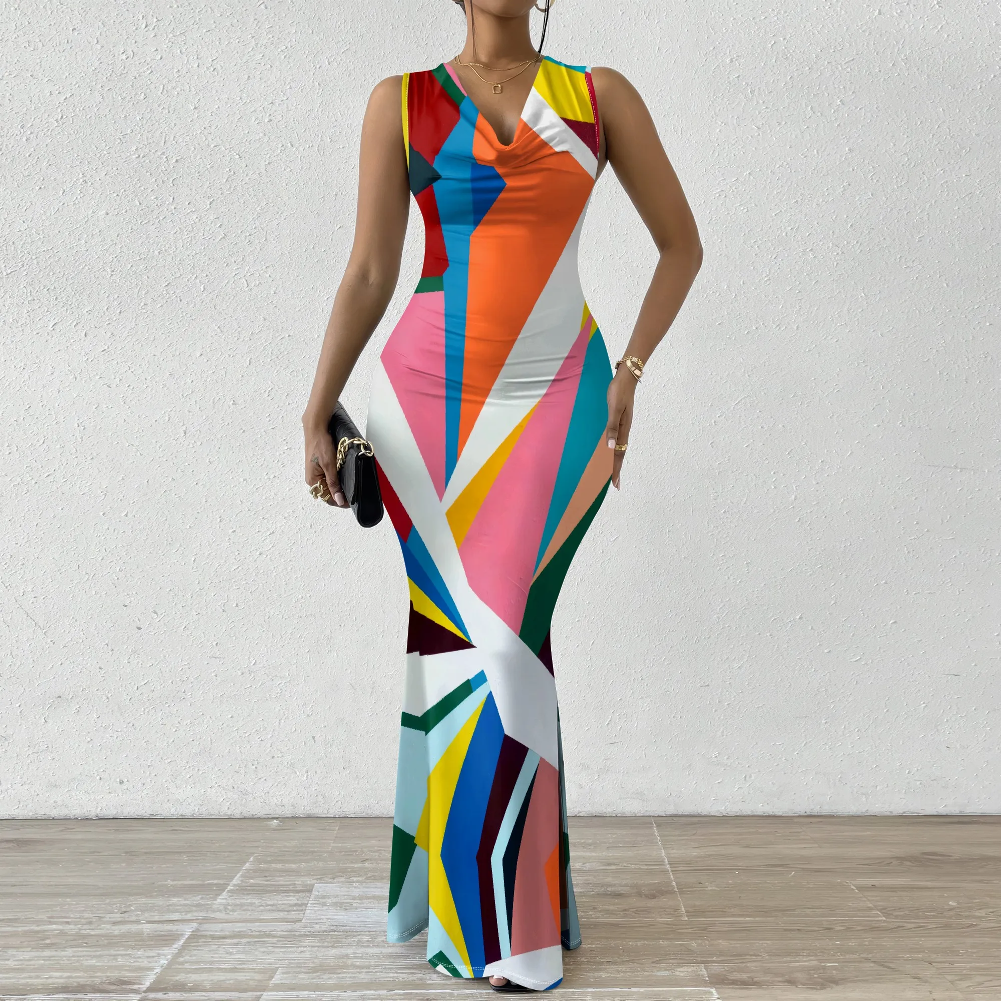 

Geometric Print Maxi Dress XS-2XL V-Neck Sleeveless for Evening Party, Night Out, or Special Occasion 2025