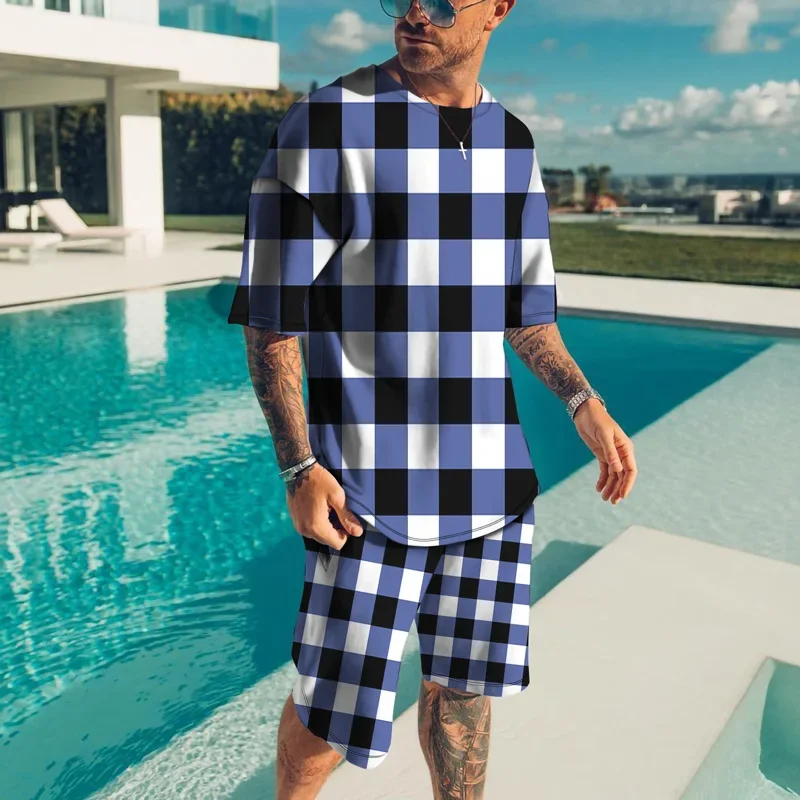 Summer men's sportswear splicing plaid 3D printing large size T-shirt shorts suit men's T-shirt suit comfortable and breathable