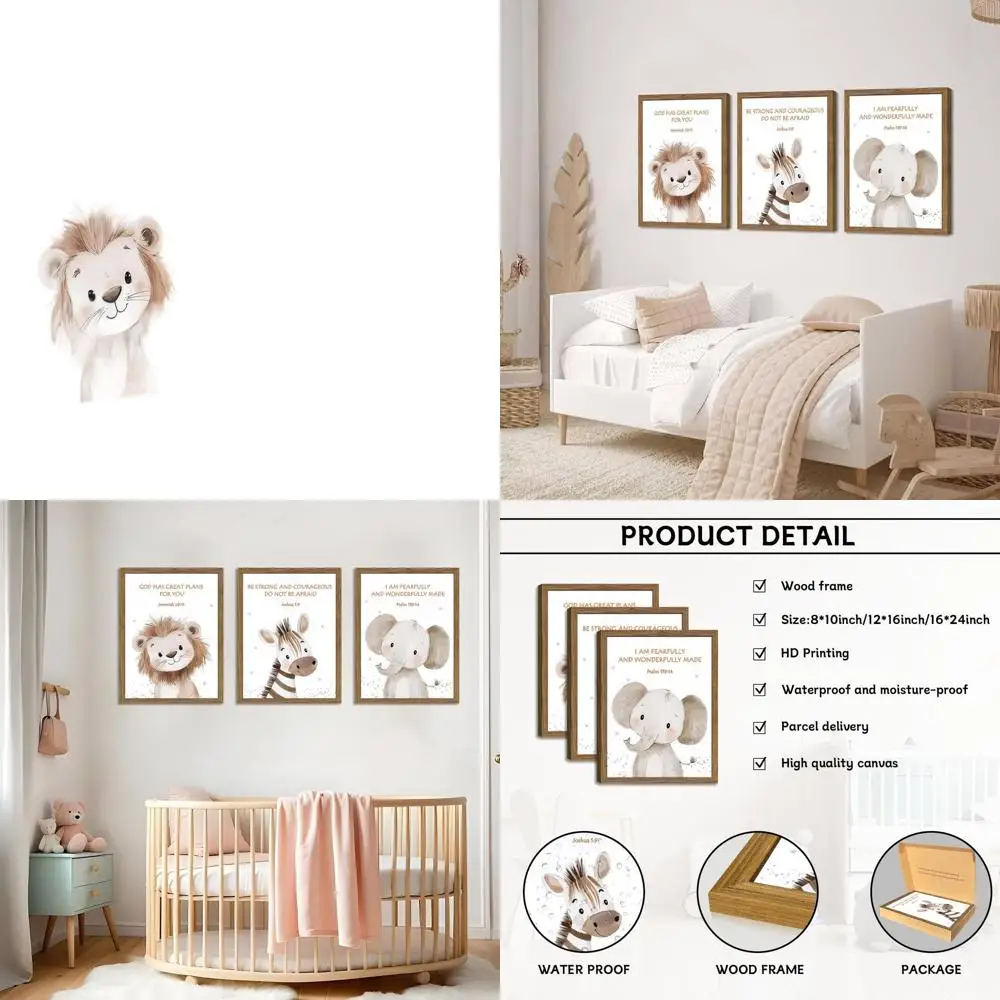 

3-Piece Christian Jungle Nursery Wall Art, Safari Theme for Baby Boy, Animal Canvas Prints 16x24