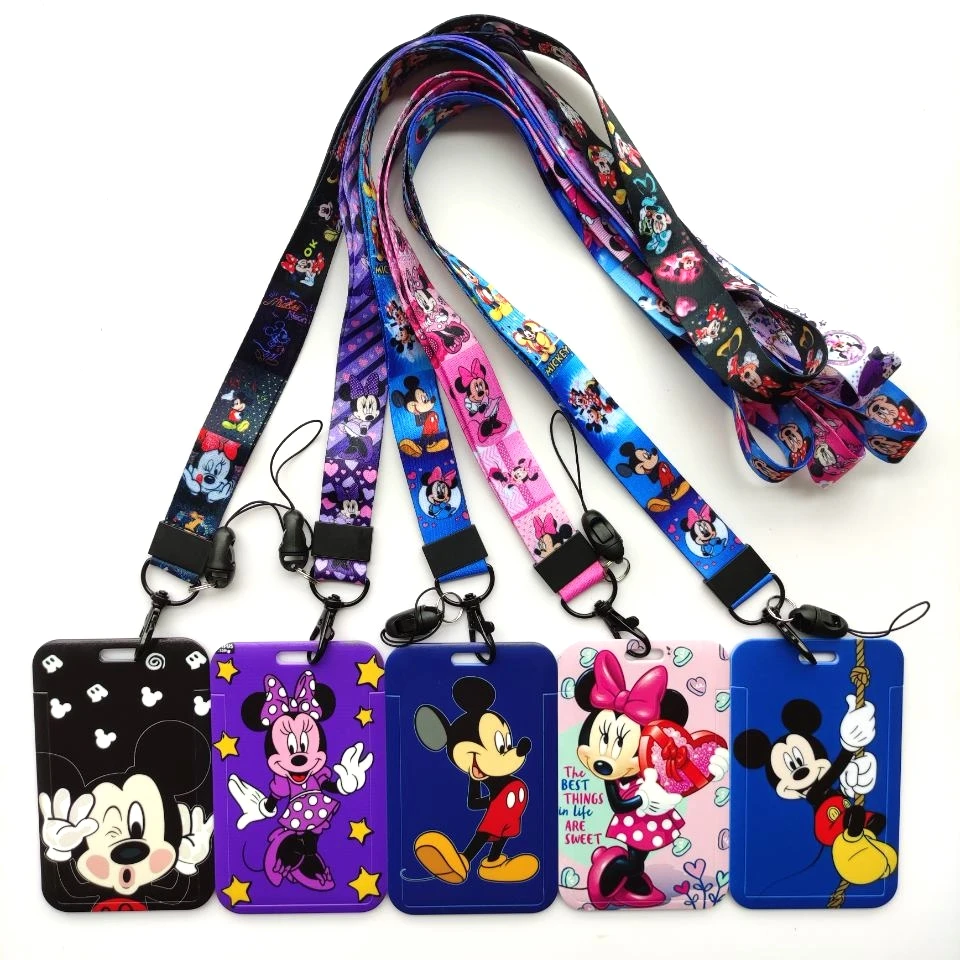 Disney Mickey Minnie ID Card Holder Lanyard Business Badge Holders Neck Strap Student Card Case Cute Cartoon Kids Cards Cover