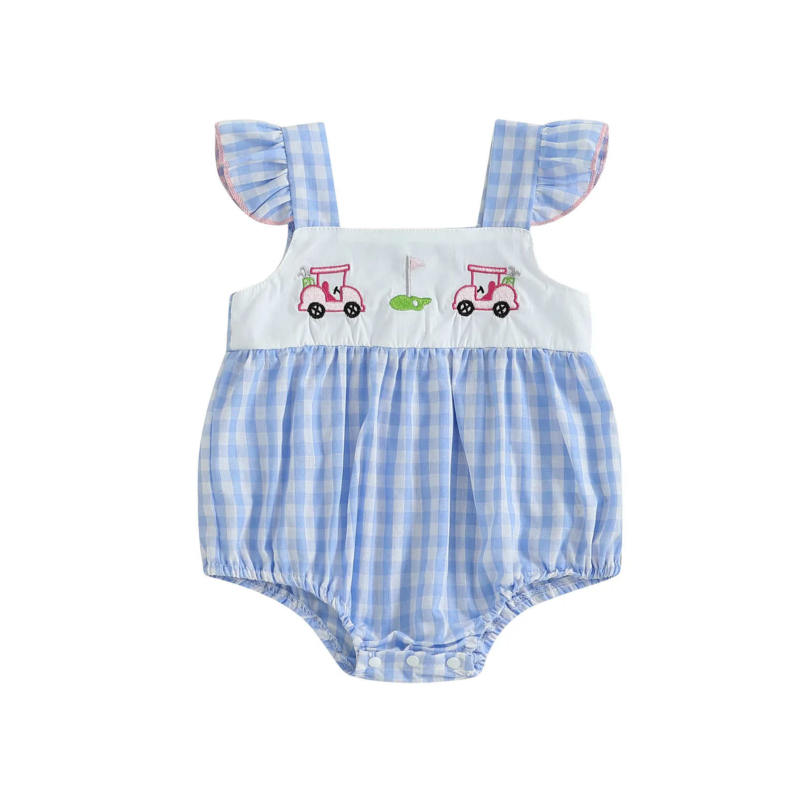

Baby Girl Romper Casual Fly Sleeve Square Neck Golf Cart Embroidery Bodysuit Newborn Playsuit