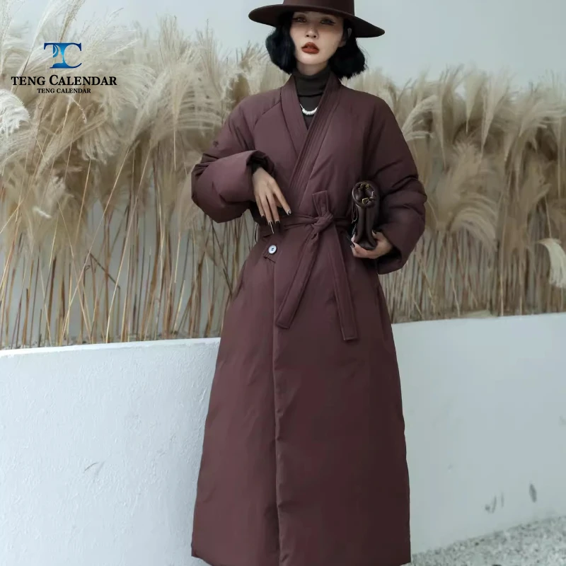 Winterdonsjack, hoogwaardige knielengte luie stijl taille cinched witte eendendonsjas, dames 2025, nieuwe stijl