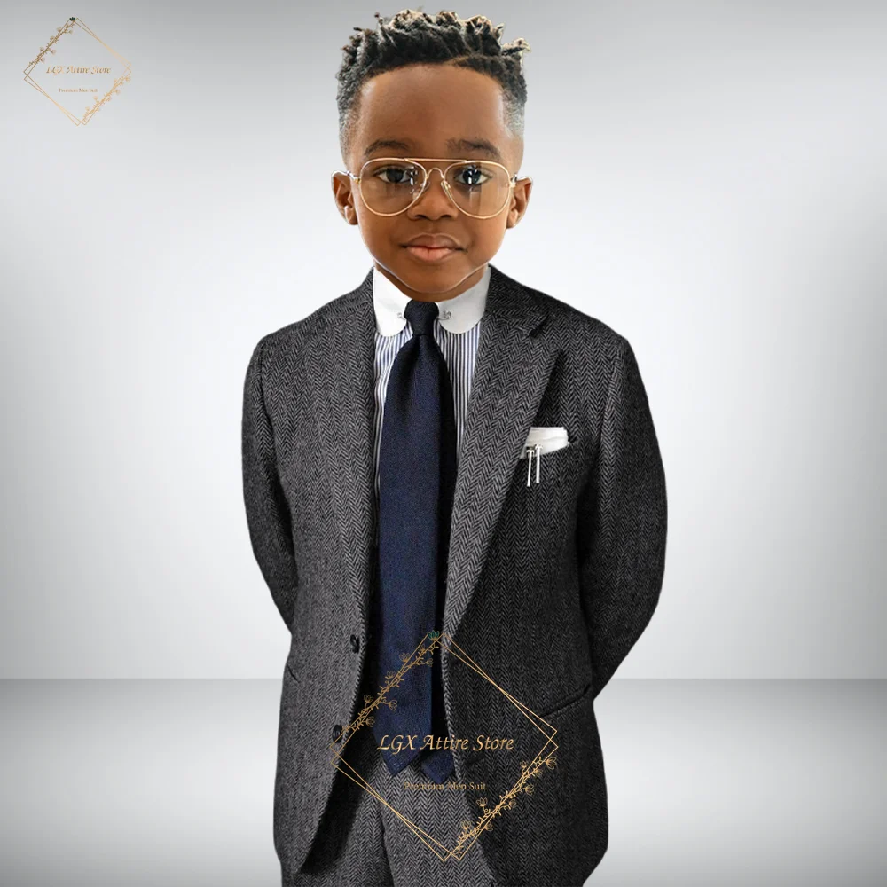 Boys' 2-Piece Suit Set - Classic herringbone fabric, notch lapel, vintage British style suitable for boys aged 3-16.