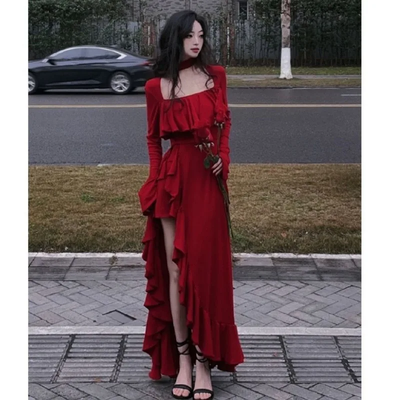 HOUZHOU Women Elegant Long Sleeve Midi Dresses Female Red Square Collar Sexy Ruffle Party Dress Christmas Irregular Prom Dress