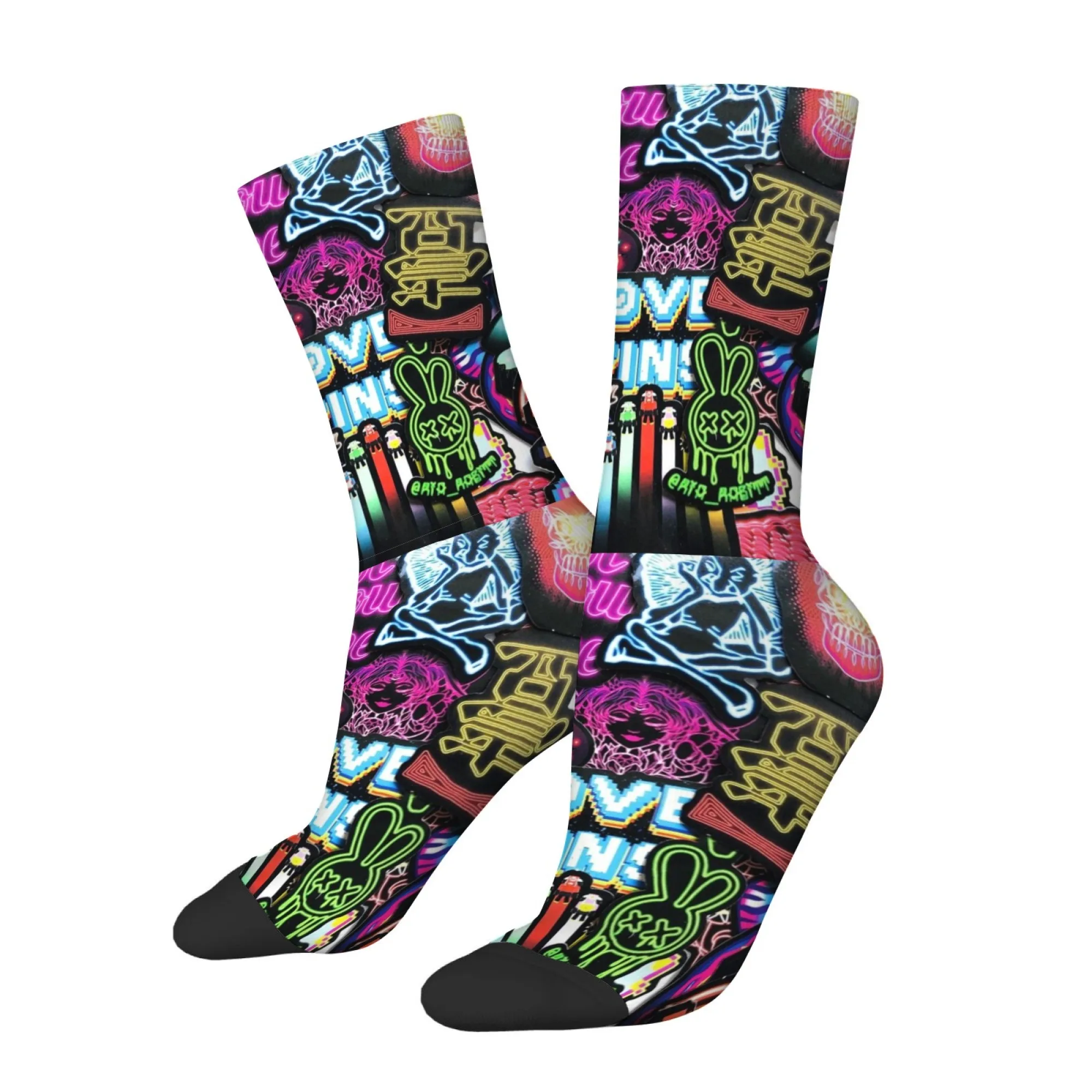 Y2K Retro Cyber ​​Mood Cyber ​​Neon Style Fun Patchwork Mid-Calf Socks Pixel Hearts Dwarfs Elf for Young Trendy Comfortable