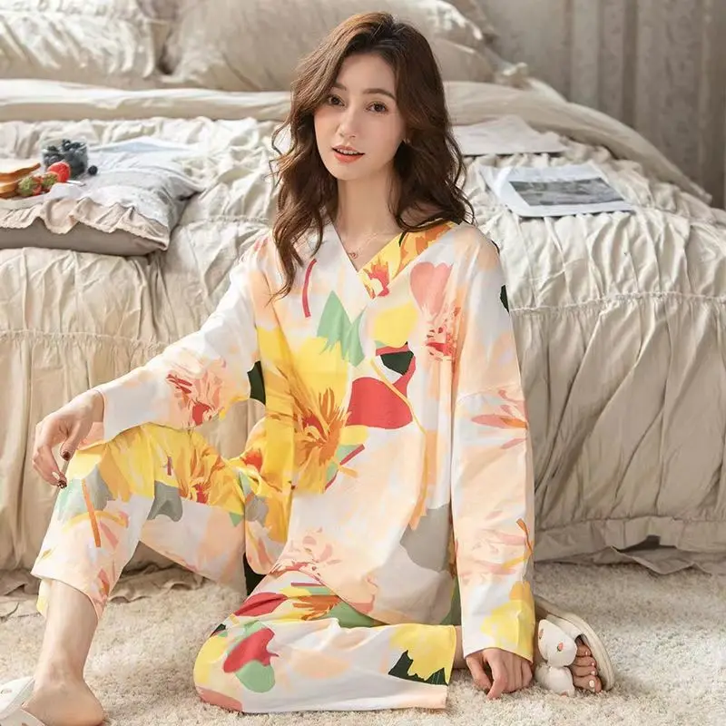 Spring Autumn Women's Sleep Lounge Pajama Long Sleeved Woman Pajama Set Cartoon Pyjamas Cotton Sleepwear M L XL XXL XXXL Fashion