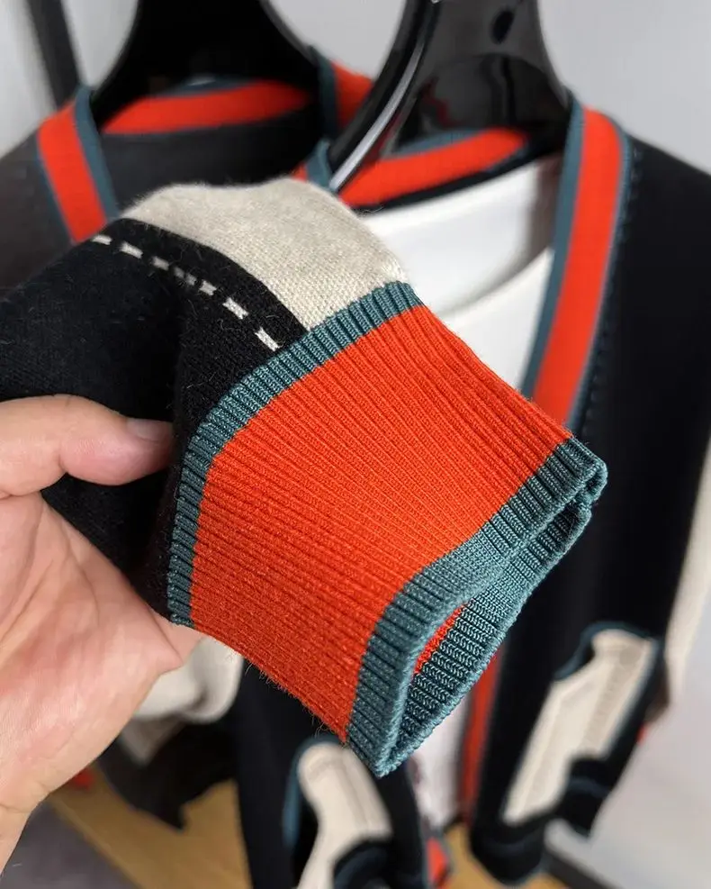 Luxury Brand Men's Knitted Cardigan V-Neck Splicing Color Collision Sweater Coat Autumn Winter Japan Fashion Exquisite Menswear