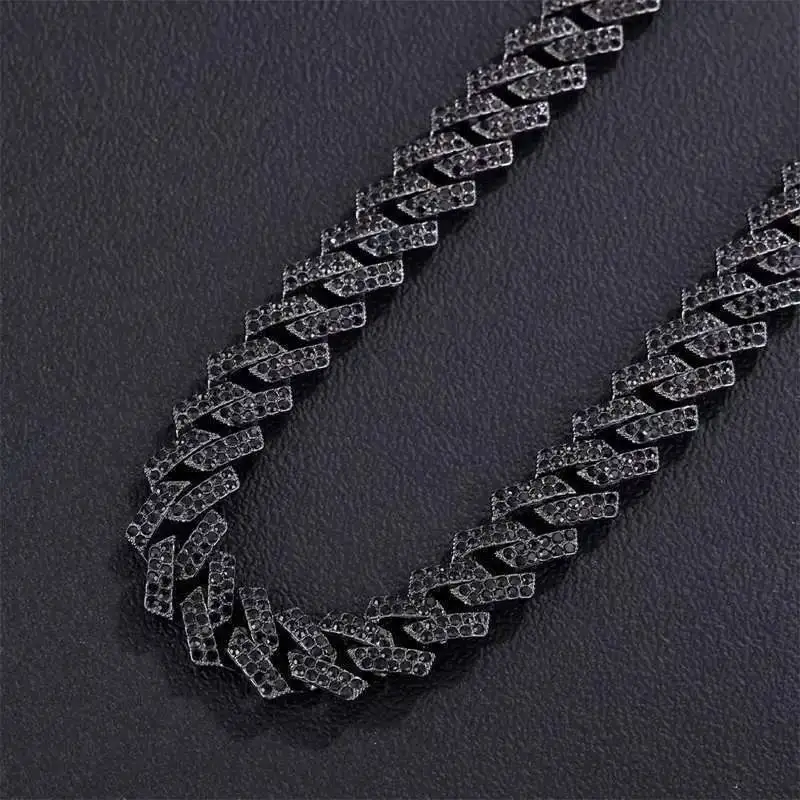 

Gold Plated Diamond Cuban Link Chain Hip Hop Black Iced Out Crystal Choker Necklace Mens Miami Rhinestone Prong Cuban Necklace