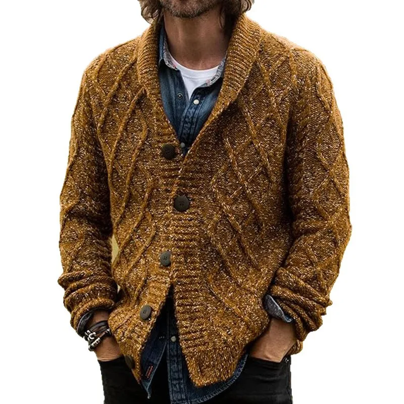 Men Sweater Turn Down Collar Cardigan Single Breasted Sweaters Spliced Buttons Long Sleeve Argyle Knitted Outerwear Casual