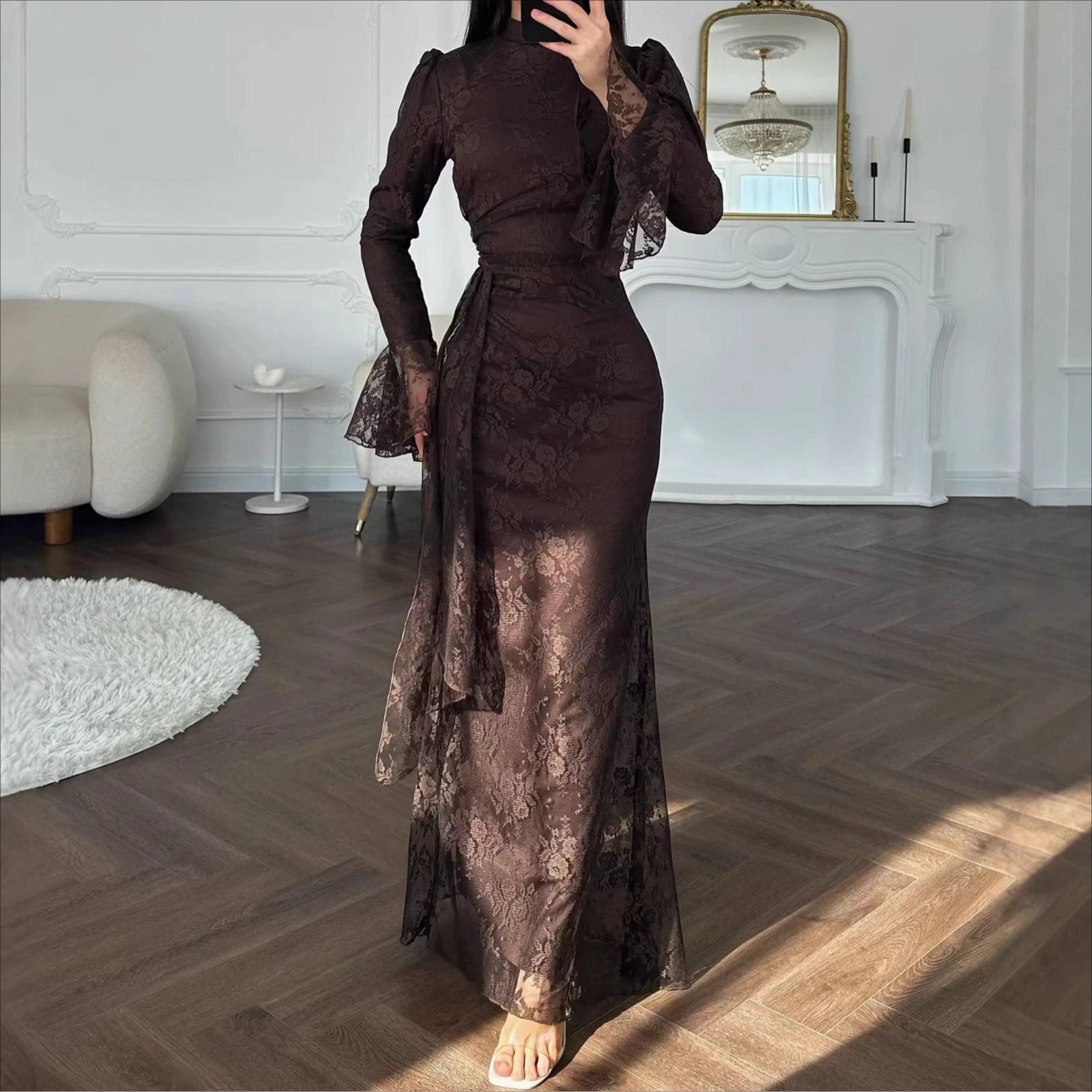 Women Lace Fitted Dresses Solid Evening Dress H Line Ankle Lenth Bell Sleeve Waist Cinch Slim Fit Party Sexy Elegant 2026 Summer