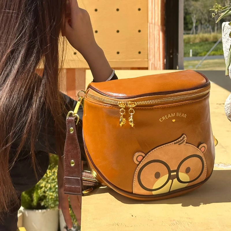 

Women Shoulder Crossbody Bag Bear Pattern Half Circle Waist Bags Chest Bags High Quality PU Leather 2024 New Trendy Saddle Bag