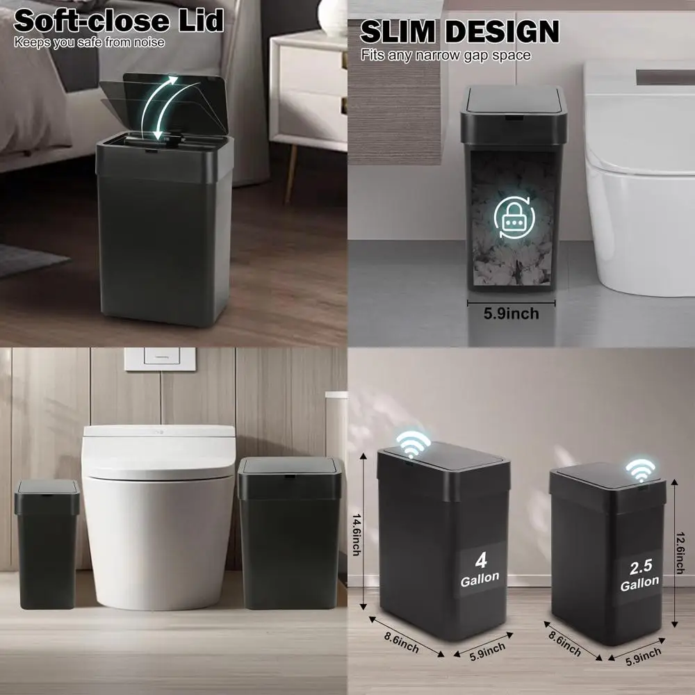 

Automatic 2.5 & 4 Gallon Trash Cans with Lids - Sensor-Activated Slim Waste Bins for Bathroom & Office, Black