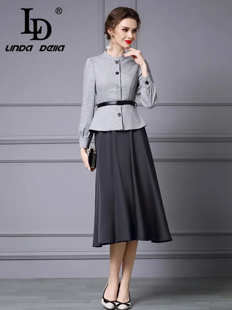 Ld linda della design feminino de alta qualidade gola manga comprida cetim retalhos falso vestido de duas peças com faixas de cintura alta