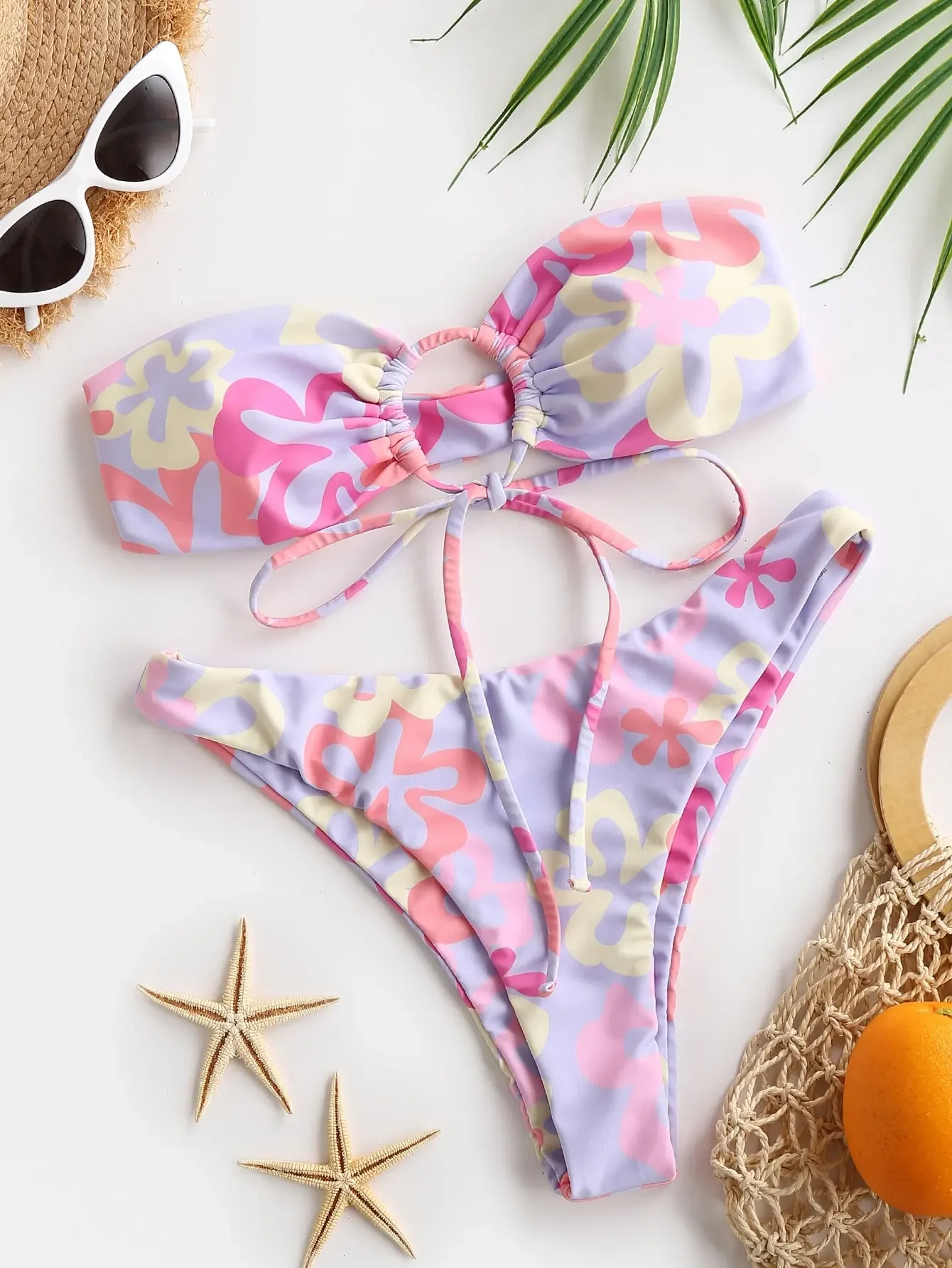 

Sports Surfing Printed Front Drawband Tub Top Bra and Tall Bottom Vacation Hot Spring Ladies Swimsuit Set