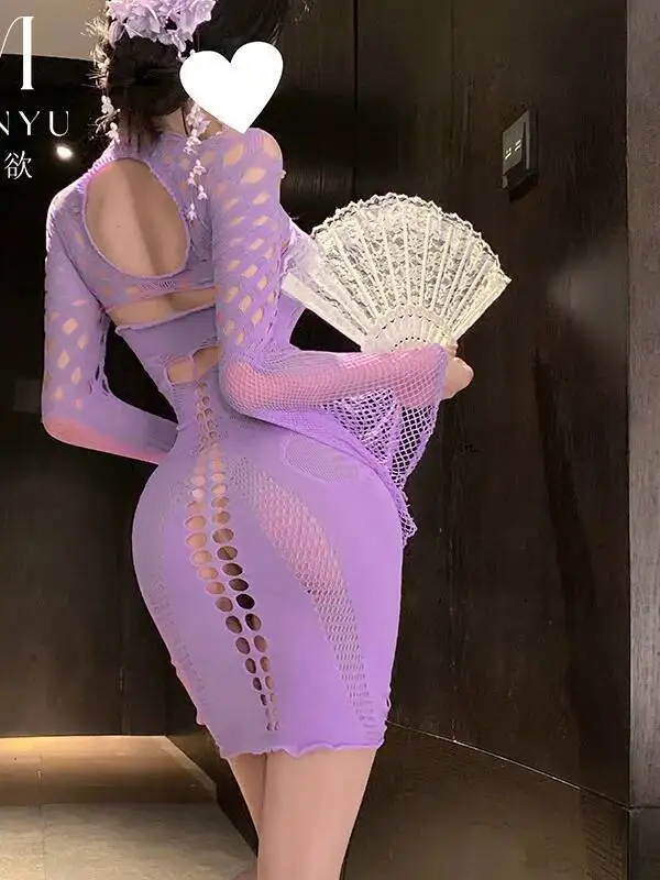 مثير المرأة الجوف خارج كم طويل المياه كم شبكة الجوف خارج Bodycon شبكة مع جوارب فستان أنيق موضة حلوة 6O2Y